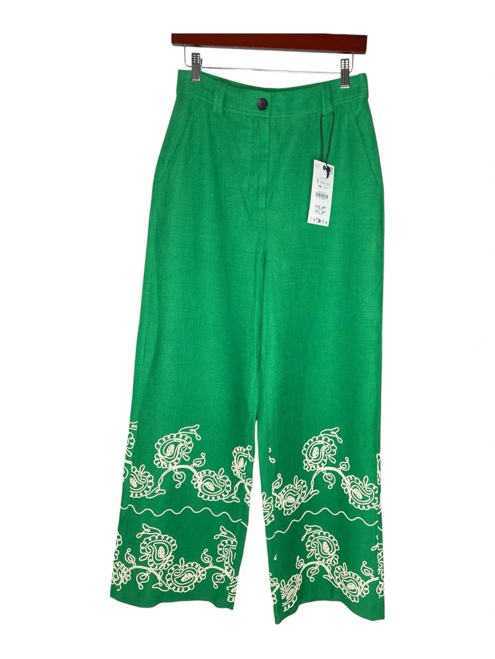 NWT! Zara Emerald Green Embroidered Wide Leg Linen Blend Trousers Pants - Size S